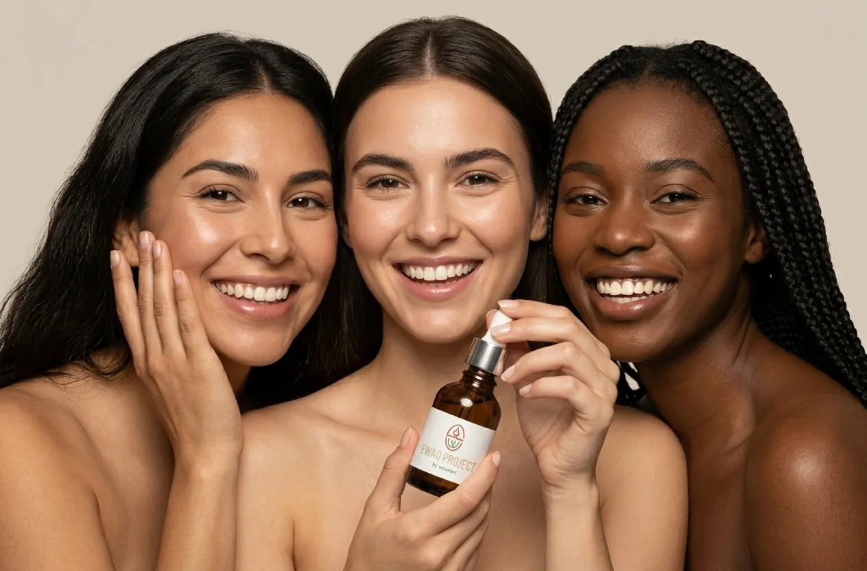 Drei lächelnde Frauen mit unterschiedlichen Hauttönen halten das WAO Vanilla Serum