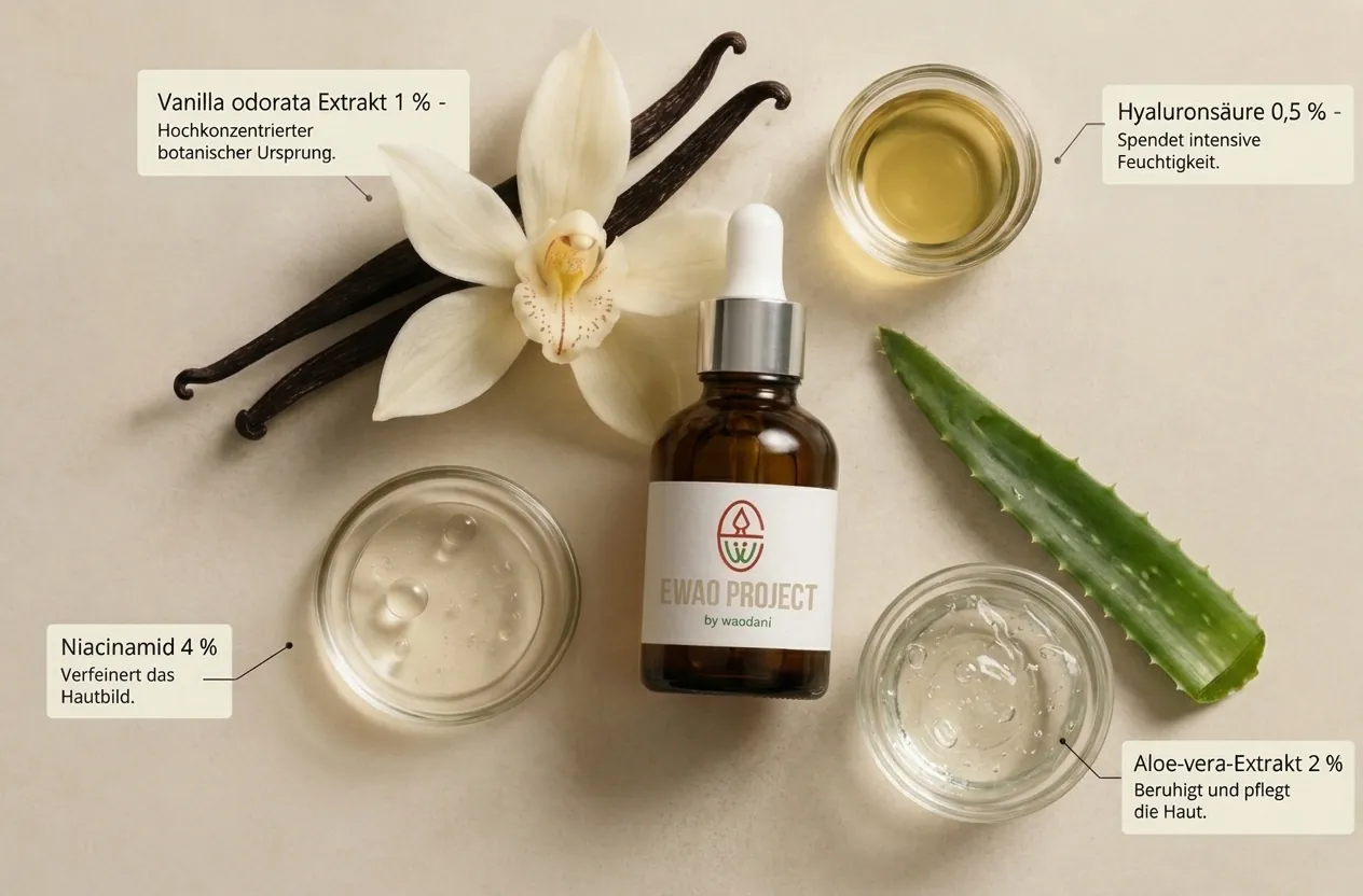 Das Serum zwischen seinen Inhaltsstoffen: Vanilleschoten und Blüte, Hyaluronsäure, Niacinamid und Aloe vera